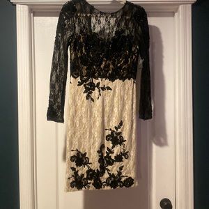 Mac Duggal lace midi cocktail dress.